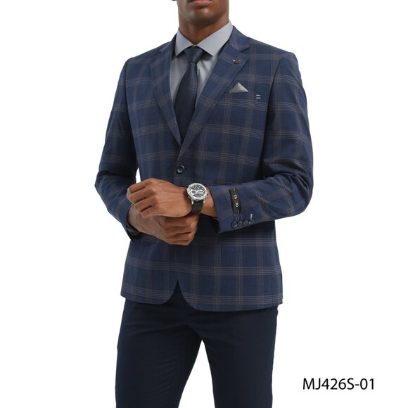Navy Windowpane Check Notch Lapel Slim Fit Tazzio Men's Jacket - Picture 1 of 4